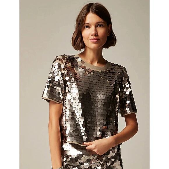 J. Crew Collection Sequin-Embellished T-Shirt Short Sleeve Silver Size M NWT - Picture 1 of 13